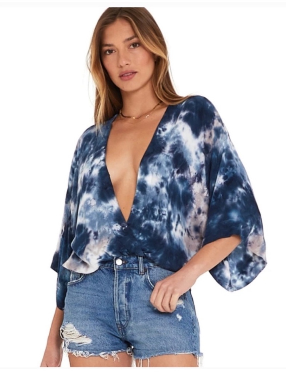 Young Fabulous & Broke Tia Blue & White Tie Dye Wrap Kimino Top